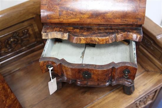A model of an Austro-Hungarian burr wood bureau bookcase, W.1ft 4in. D.1ft 1in H.3ft 3in.